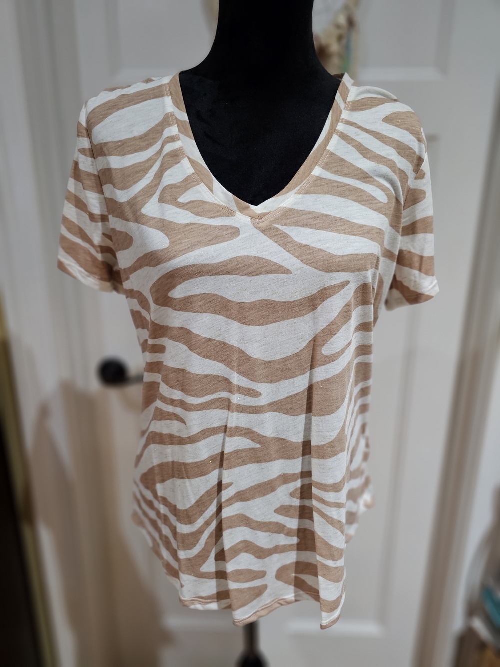 V-Neck Zebra Print Short Sleeve Top - Taupe/White, NWOT